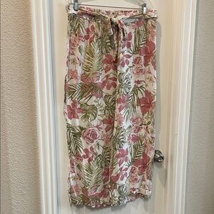 Larry Levine Pink and Green Floral Linen Blend Pants